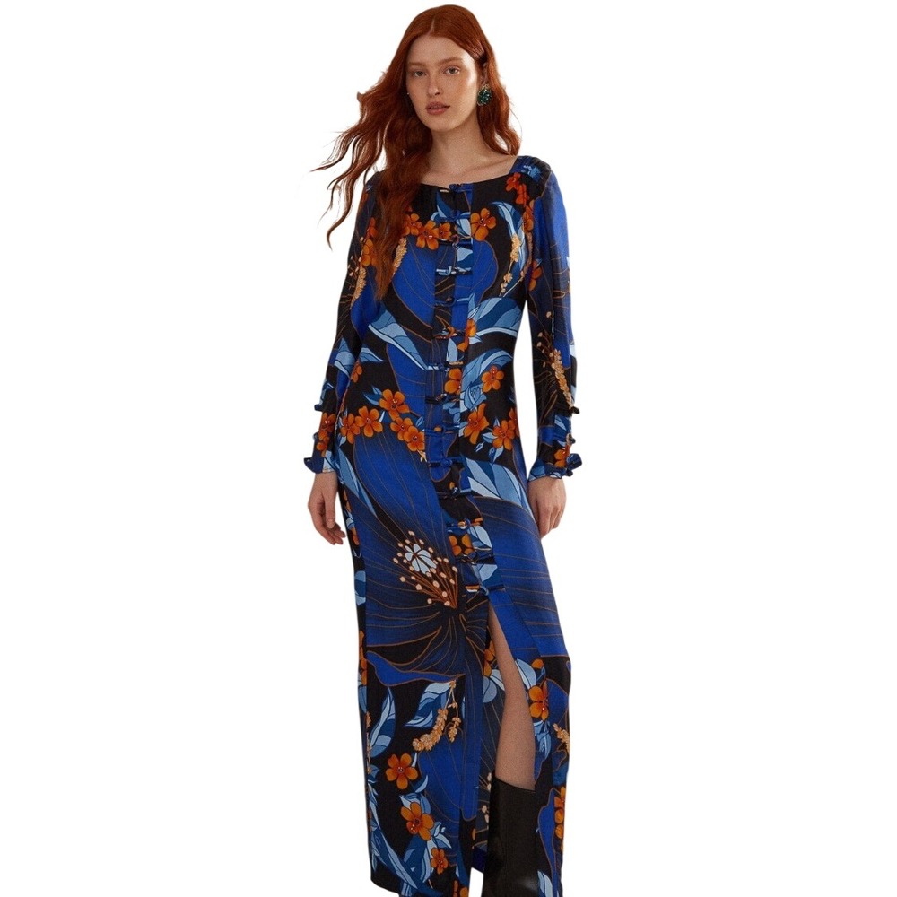 Farm Rio Black Pietra Floral Midi Dress XXS Blue Viscose Tropical Resort Boho